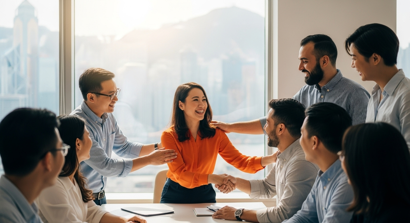 A diverse Hong Kong office team warmly celebrates a departing colleague, embodying the respectful 'Saan Seoi Beng' or farewell cake tradition, with a signature orange blouse anchoring the brand's style.